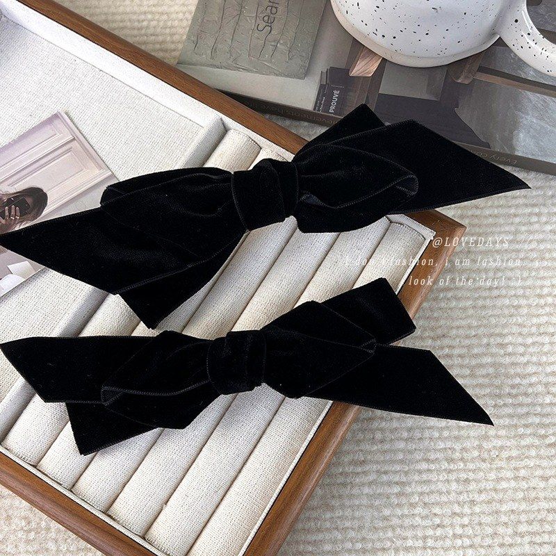 法式复古丝绒蝴蝶结发夹甜美气质优雅黑色绒面弹簧夹后脑勺发饰