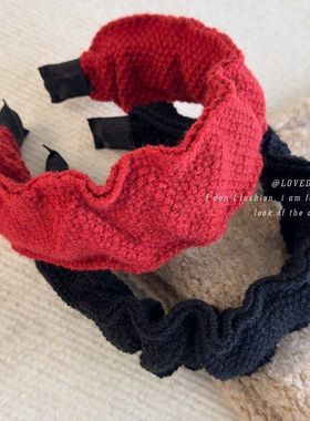 韩系网红褶皱花边红色毛线发箍女秋冬高颅顶头箍2025新款喜庆发饰