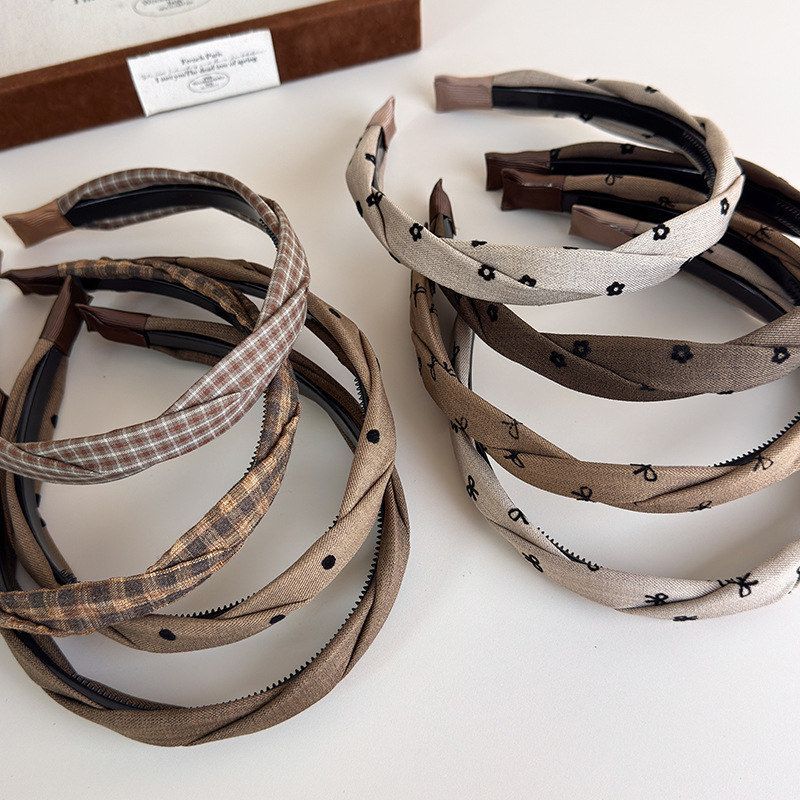 韩版小香风灰咖色系格纹蝴蝶结麻花带齿发箍百搭高颅顶发卡细头箍