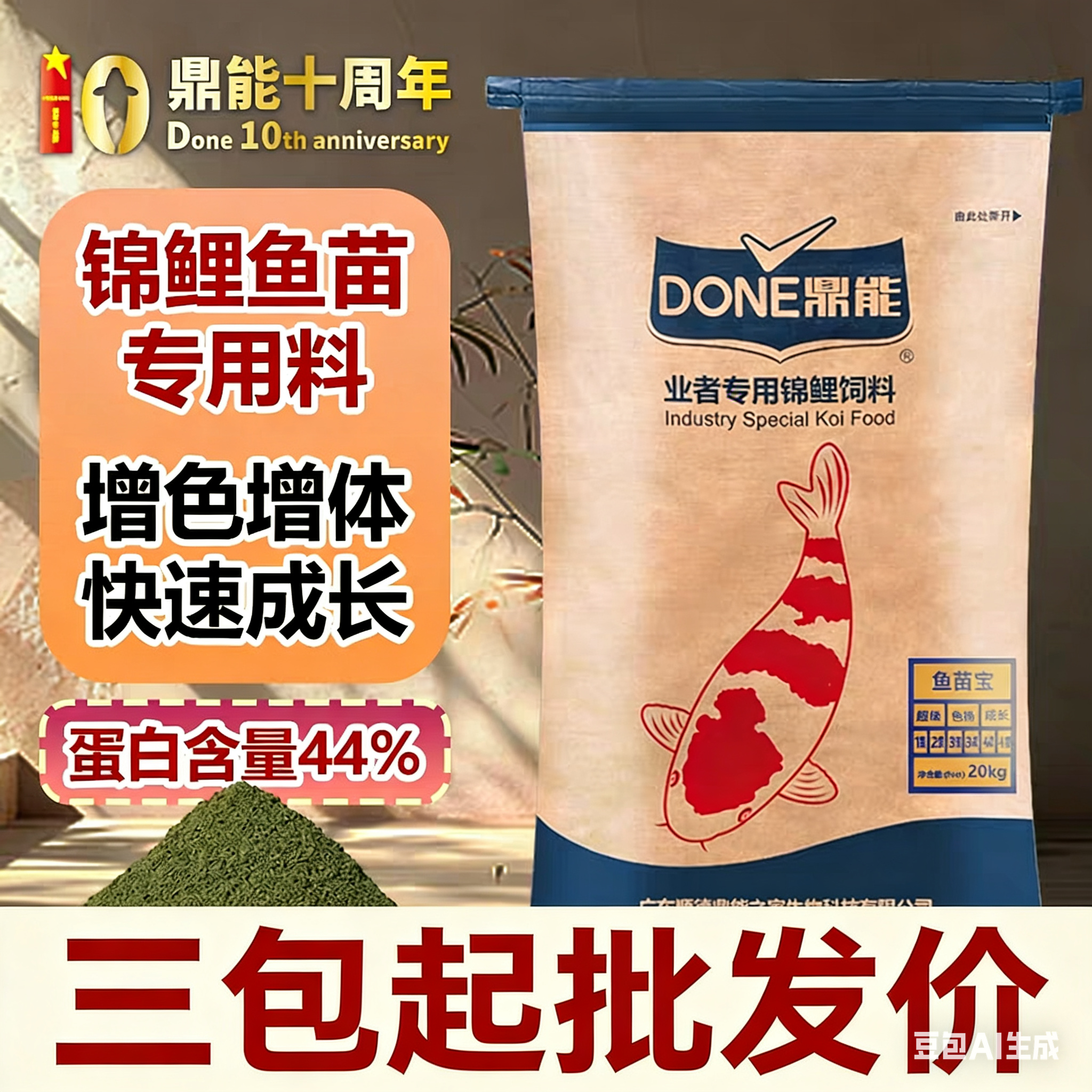鼎能锦鲤鱼苗饲料粮高蛋白育成色扬胚芽微颗粒浮缓沉渔场批发