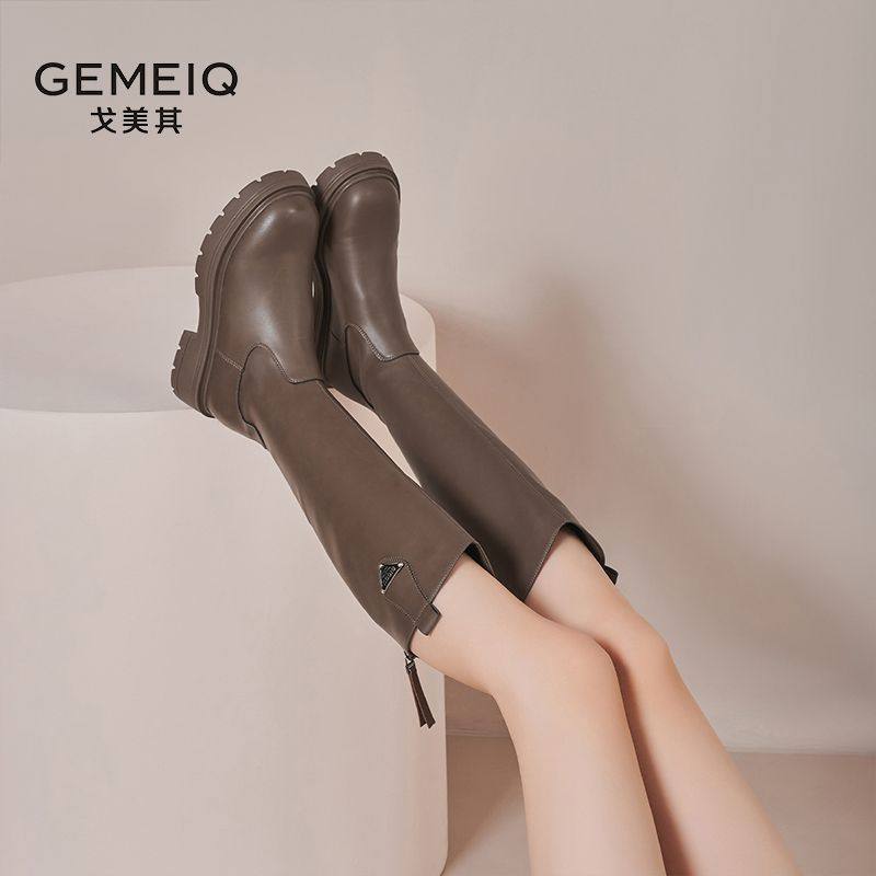 戈美其增高加绒长筒靴秋冬新款英伦厚底骑士机车靴女小个子不过膝