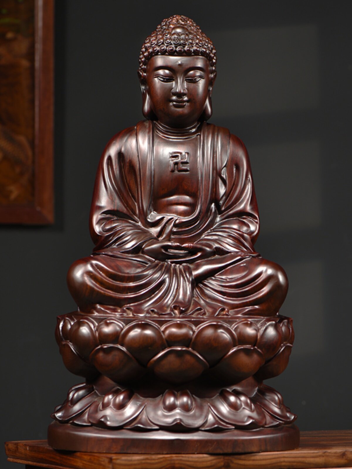 Ebony wood carving, Buddha ornaments, solid wood Shakyamuni Buddha statue, Three Treasure Buddha, Medicine Buddha Buddha home worship peace