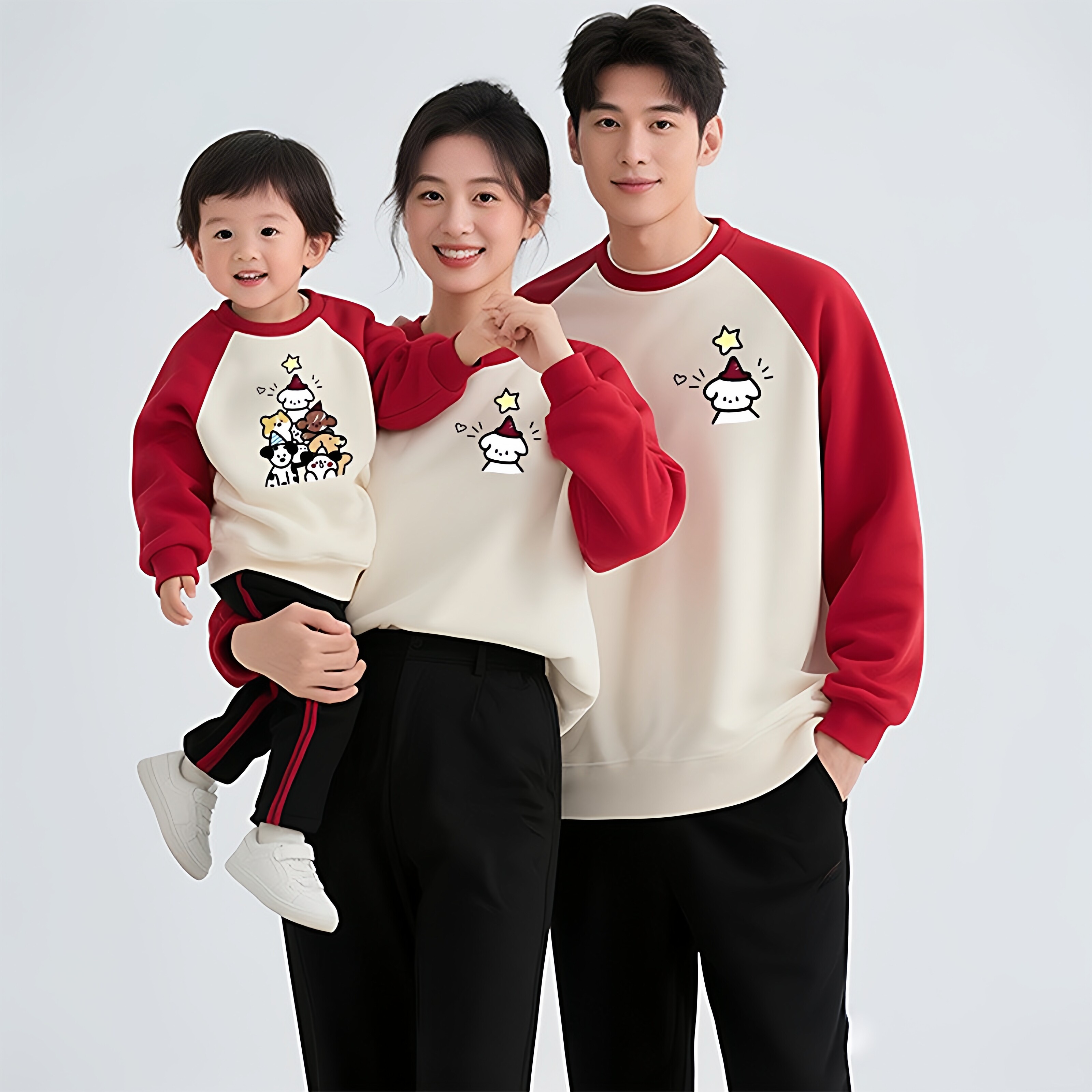 宽松春秋款亲子装母女装时尚卡通小狗插肩袖撞色长袖圆领爬服卫衣