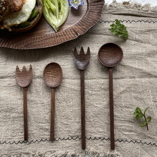 黑胡桃木整木手工雕刻勺子叉子实木勺木质长勺短勺刻纹甜品叉