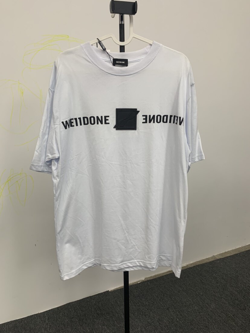 welldone韩版纯棉镜像方块字母宽松短袖男 徽章胶牌情侣圆领t恤女