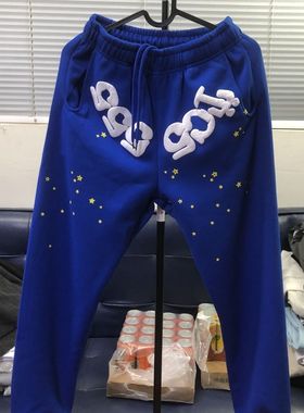 有套装版Sp55555比伯同款发泡印花星星蓝色字母束脚裤卫衣长裤子