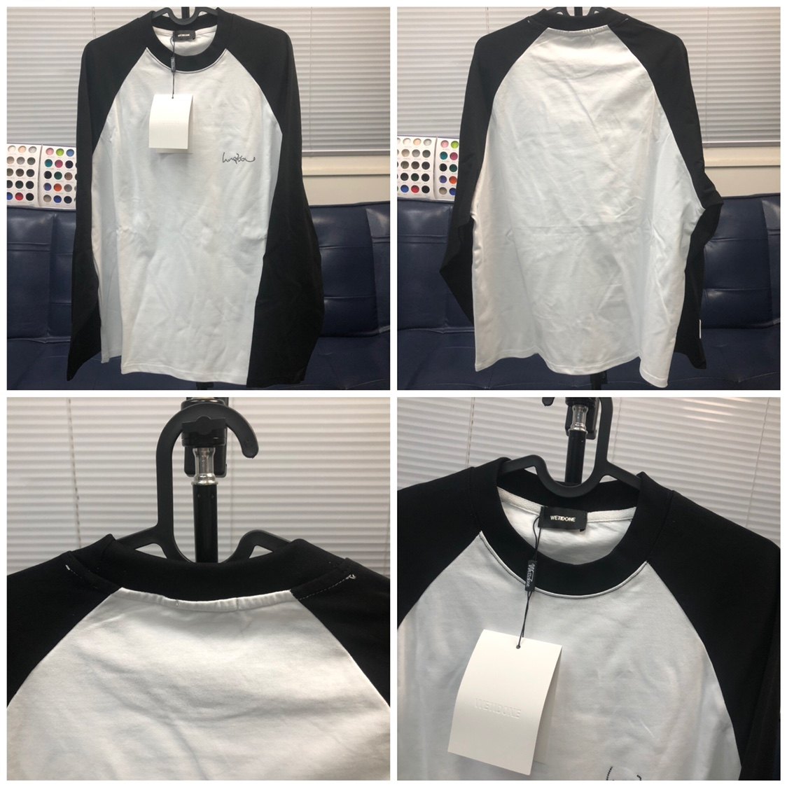 we11done潮牌welldone烫钻签名胶印撞色拼接t恤圆领oversize长袖