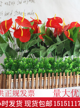 木栅栏套装仿真绿植红掌假花客厅装饰假植物落地窗台盆栽隔断摆设