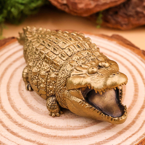 不二马大叔黄铜张嘴鳄鱼手把件