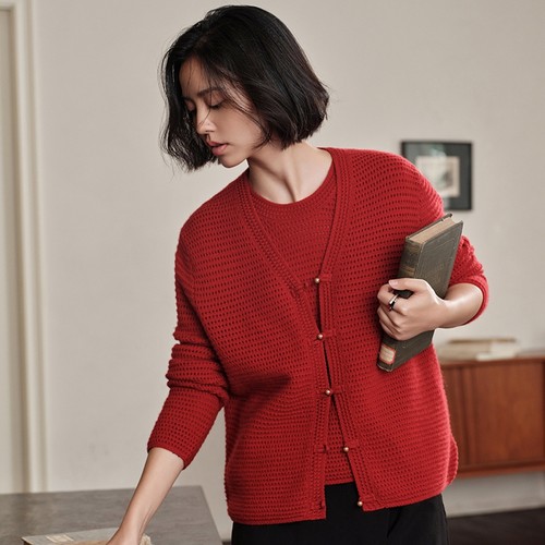 纯山羊绒针织开衫女加厚v领挑孔