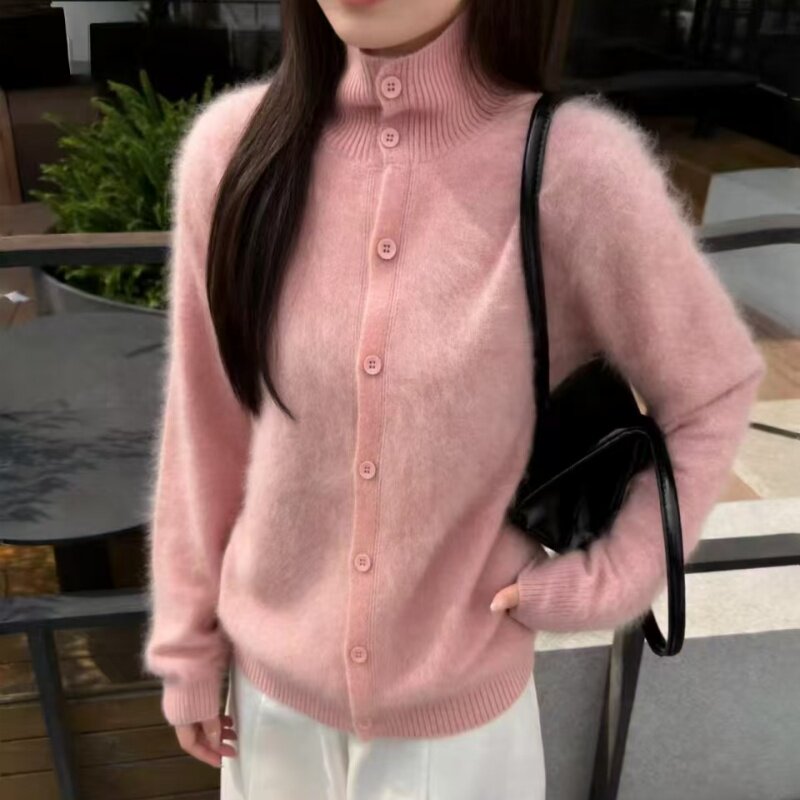 秋冬拉毛100%纯羊毛衫高领针织开衫女长袖软糯减龄宽松外套上衣
