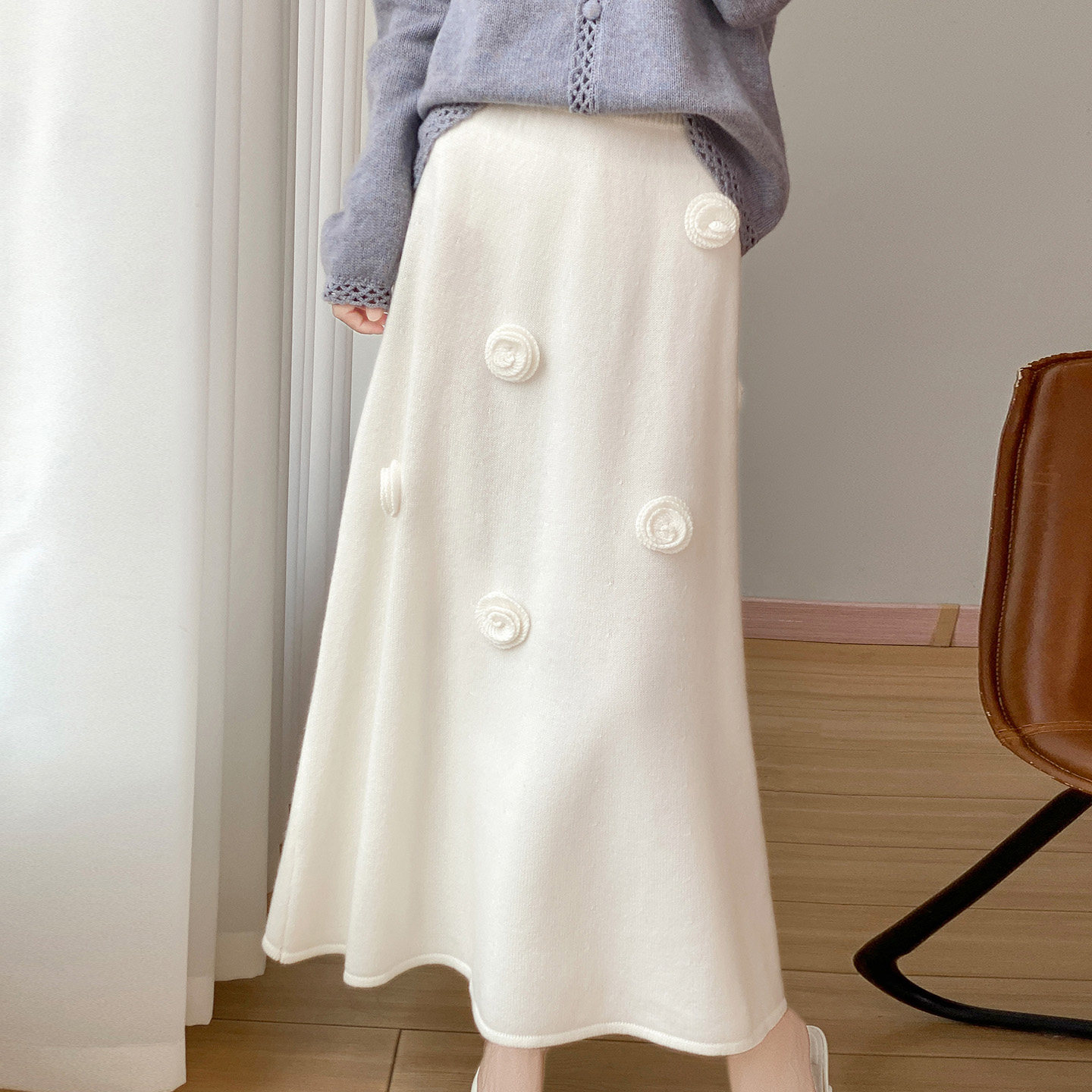 高级感2025秋冬款100%羊毛女花朵高腰显瘦针织a字半身伞裙中长裙