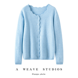 手勾花边100%纯山羊绒衫女低圆领针织开衫baby小山羊绒毛衣外套