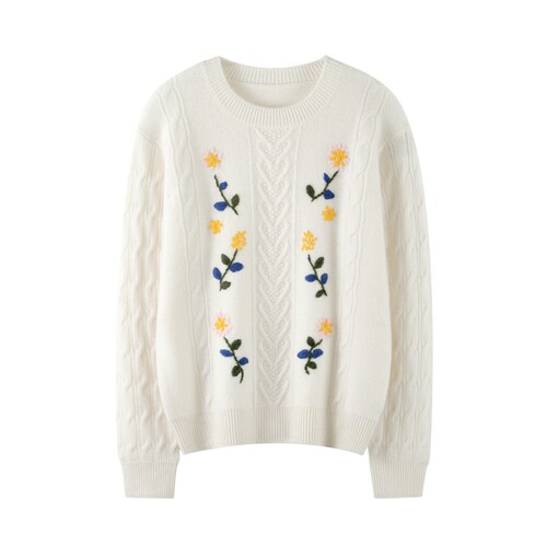 学院风100%纯山羊绒衫女圆领刺绣