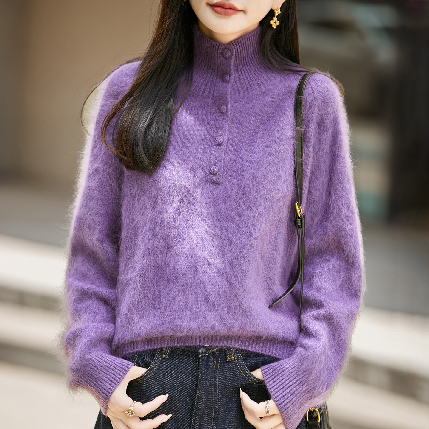 蚕丝羊绒羊毛混纺针织衫女士高领长袖套头毛衣拉绒工艺加厚羊毛衫
