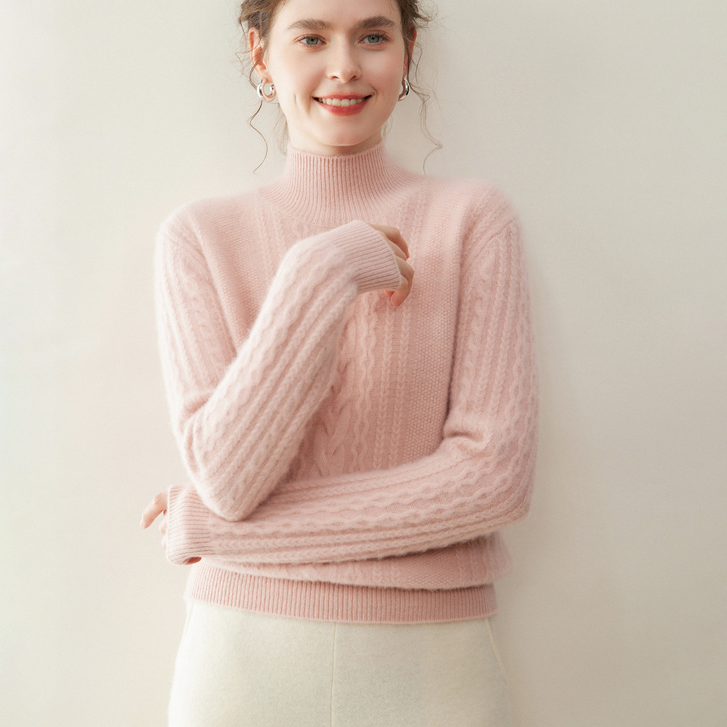 重工绞花半高领羊绒衫女100纯羊绒麻花毛衣秋冬加厚保暖针织衫,女装/女士精品,羊绒衫,淘宝优惠券,粉丝福利购,淘宝优惠卷