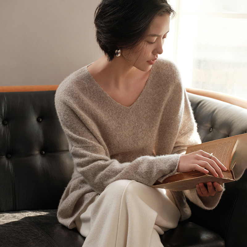 康宝莱花纱软糯100纯山羊绒衫慵懒宽松毛衣2025秋冬新款V领针织衫