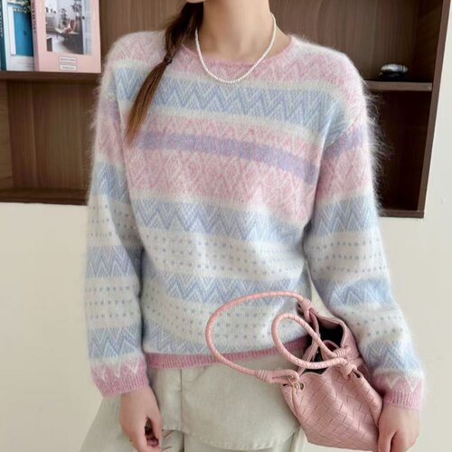 秋冬拉绒5%山羊绒衫彩虹条纹圆领毛衣女长袖宽松针织衫拉毛羊毛衫