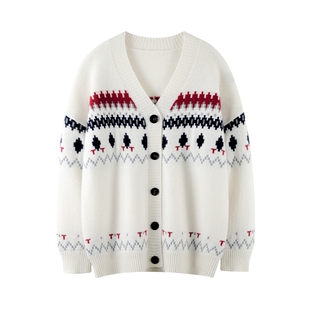 重磅新款100%纯山羊绒v领费尔岛提花加厚开衫宽松软糯毛衣外套女