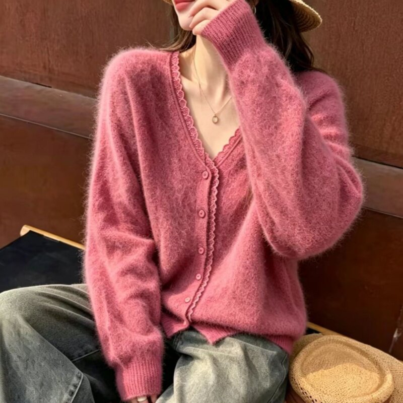 秋冬新款慵懒风V领蕾丝打底开衫女拉绒羊毛针织衫显瘦毛衣短外套