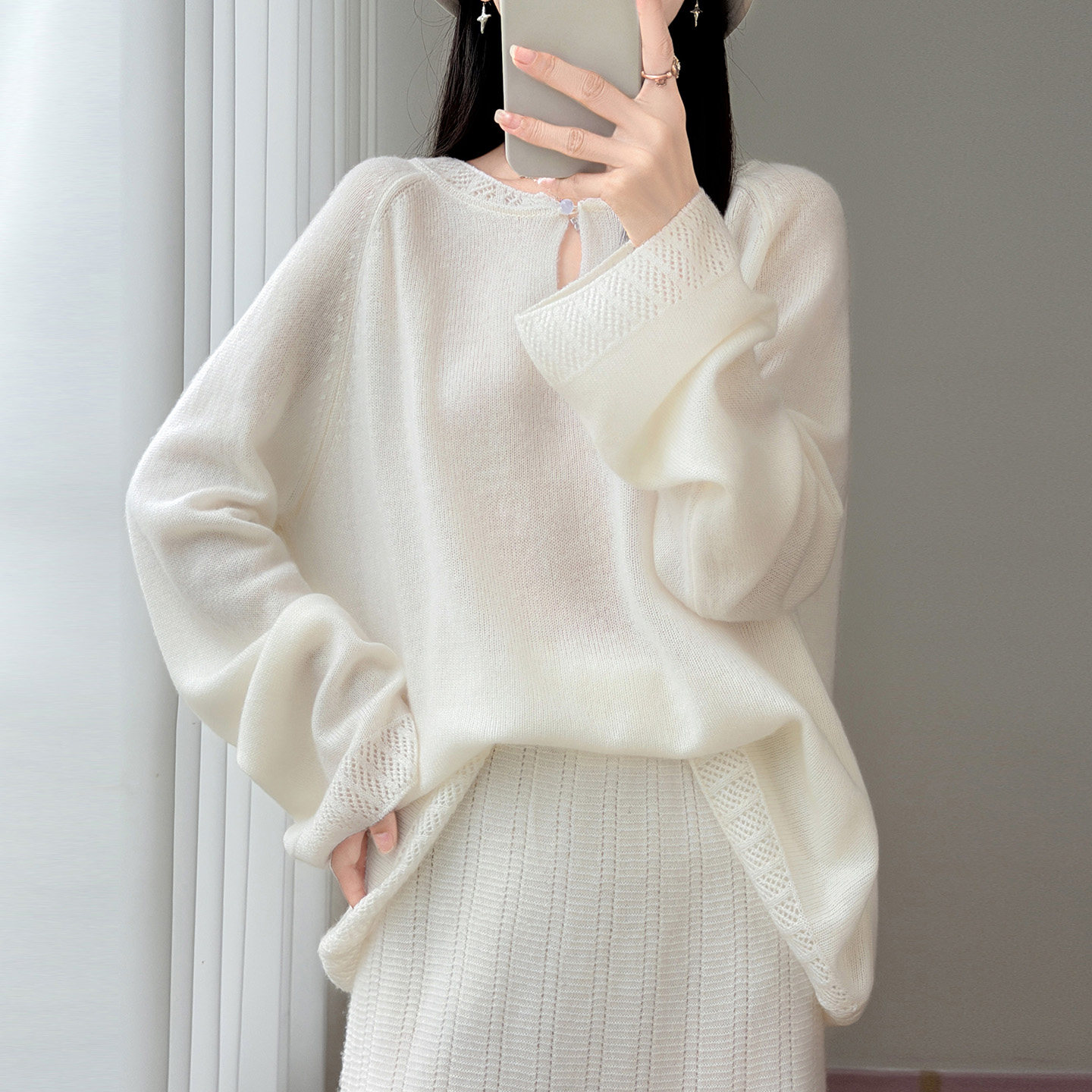 软糯松弛风100%纯羊毛针织衫女圆领一粒扣慵懒风毛衣羊绒打底上衣