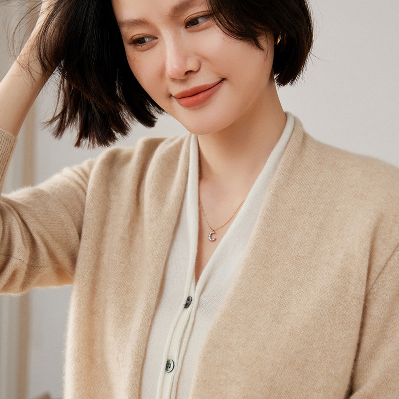 法式气质V领拼色假两件山羊绒开衫女长袖针织外套宽松羊绒衫毛衣