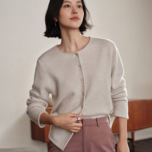 圆领羊绒开衫女100%纯山羊绒针织