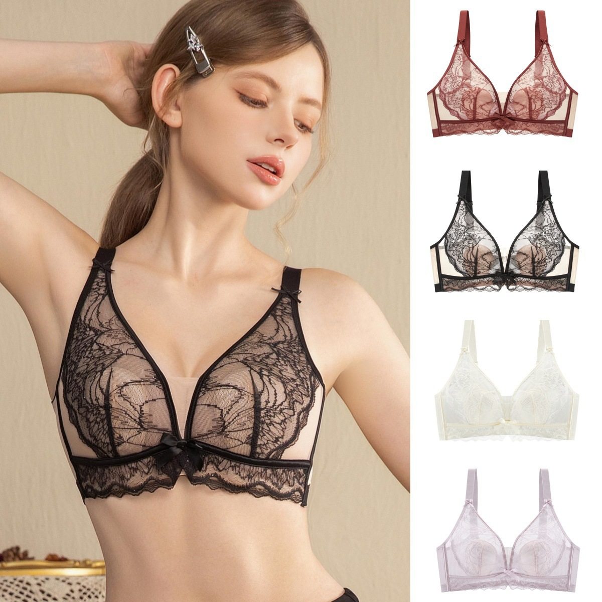 2026新款无钢圈法式性感蕾丝文胸罩大胸显小透气舒适兔耳杯内衣女,女士内衣/男士内衣/家居服,文胸,淘宝优惠券,粉丝福利购,淘宝优惠卷