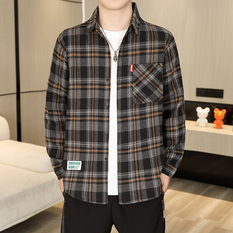 2026春秋季磨毛格子衬衫男士工装长袖潮牌宽松青年衬衣休闲外套潮