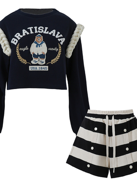 地球店复古小熊卫衣短裤套装女秋冬高级感炸街时尚减龄两件套上衣