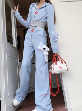 地球店蓝色网红炸街运动套装女秋冬季休闲卫衣阔腿裤两件套高级感