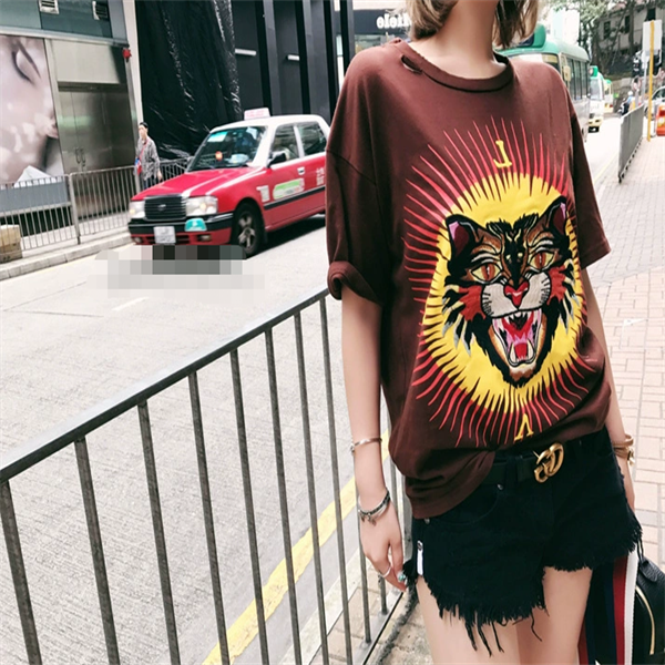 【地球店】夏季新款重工刺绣虎头做旧破洞太阳印花洗水纯棉T恤女