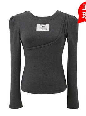 【地球店】解构风小众假两件两色短款修身针织衫女春季打底上衣