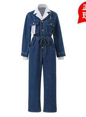 【地球店】蓝色假两件高腰直筒牛仔连体裤女秋小个子显高炸街裤子