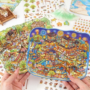 寓见诚品市井绮梦造景贴纸花火大会微缩场景3d立体小屋贴画高难度