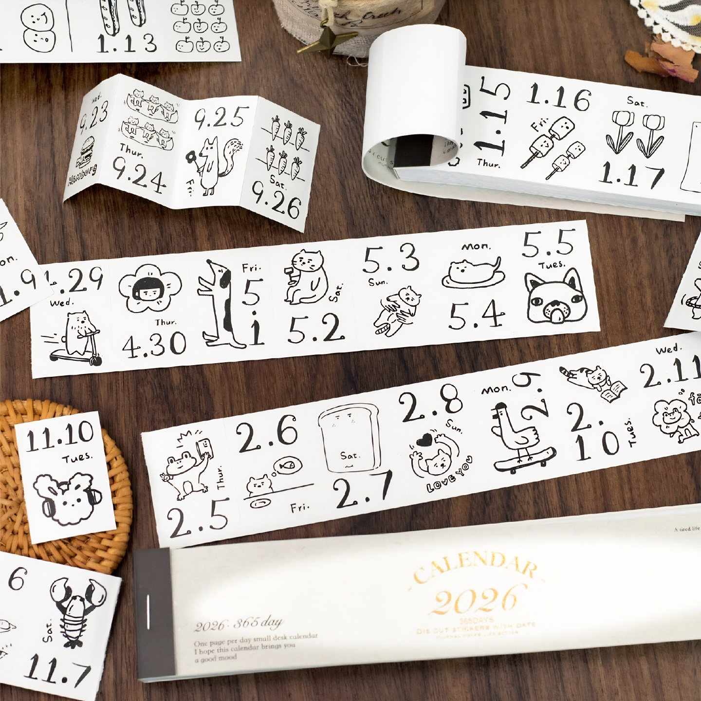 2026年一日一页日历贴纸日付创意可撕手帐插画涂鸦365天台历迷你