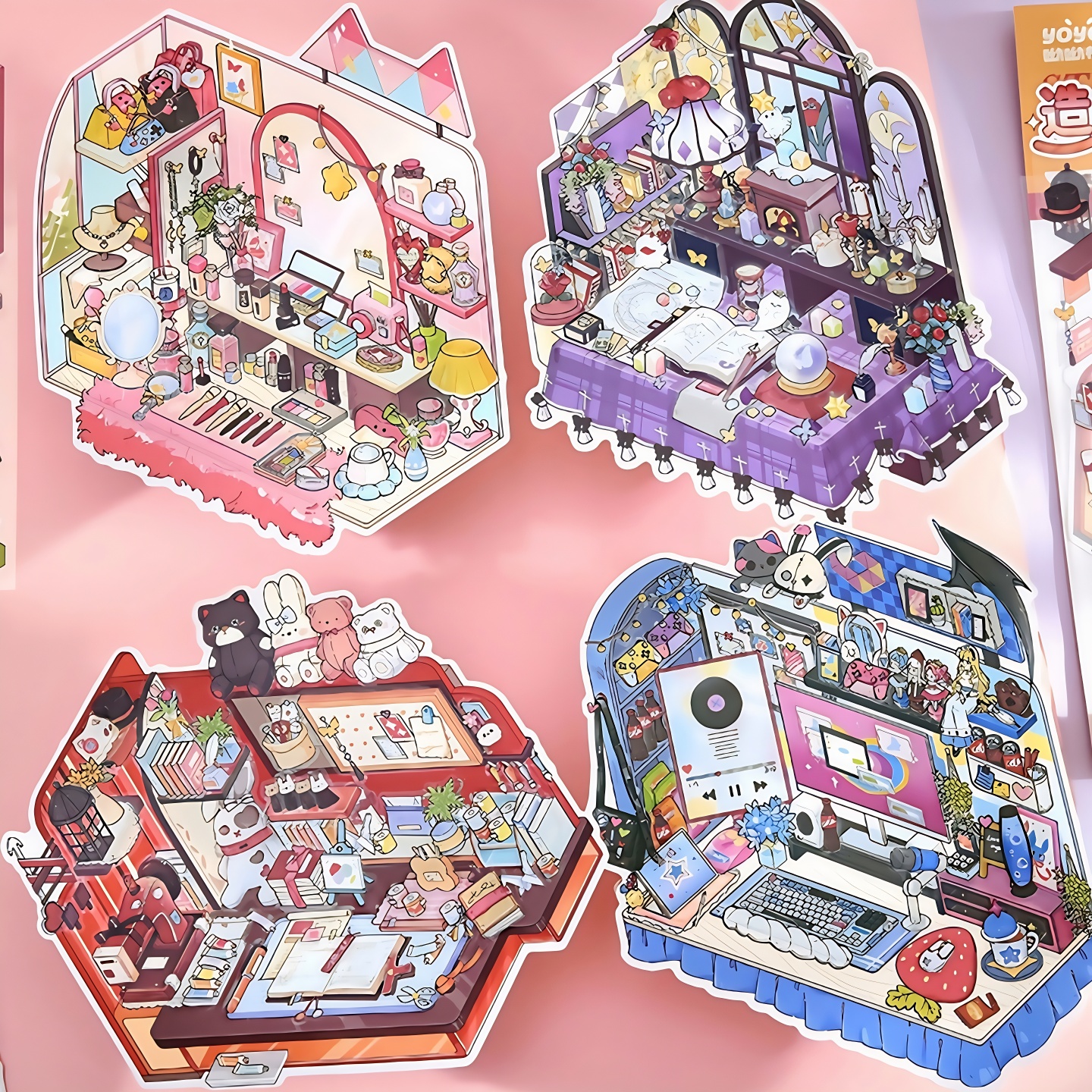 角落书桌收纳复古造景贴纸大号3d堆叠微缩场景立体小屋解压贴画