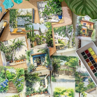 陌墨城市色彩PET透明防水手帐贴纸风景造景街道场景复古手账贴画