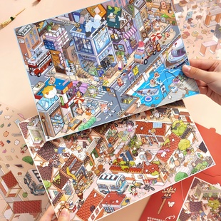 芯陌造景贴纸大号海港小镇街景胡同街道微缩立体小屋场景diy贴画