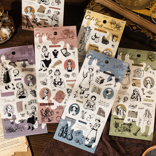 果实物语pet手帐贴纸复古线条风少女人物手账素材贴画 语闲女孩