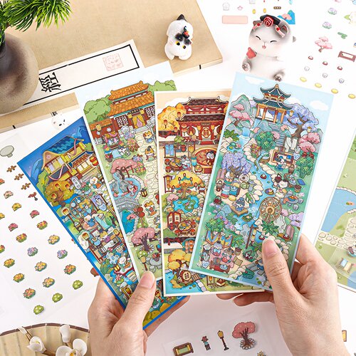 寓见诚品喵呜闲趣图古风竖版造景贴纸立体小屋微缩场景解压贴画