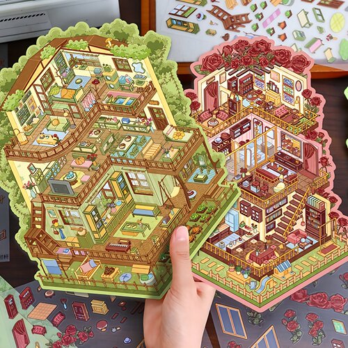 艺蓝94.0造景贴纸大号别墅森林小屋微缩场景立体3d造景贴画高难度