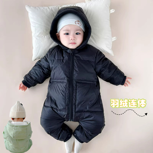 宝宝带帽白鸭绒婴儿加厚羽绒连体衣男女宝宝羽绒服婴幼儿爬服