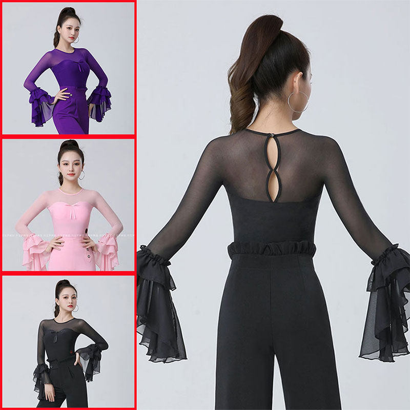 摩登舞服女成人新款上衣专业练功服长袖交谊舞广场舞表演服喇叭袖