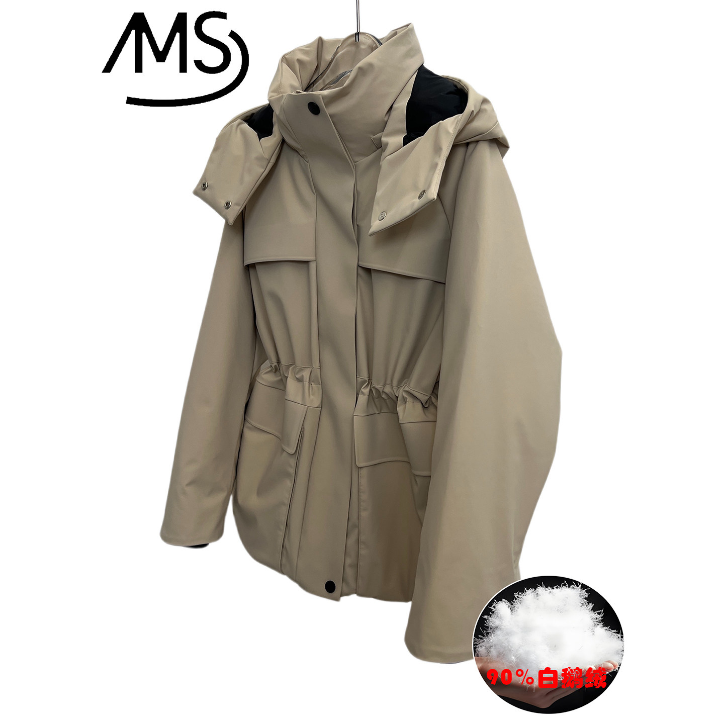 大码收腰宽松显瘦工装鹅绒羽绒服