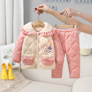 冬儿童睡衣套装女童男童法兰绒水晶绒加绒加厚三层夹棉家居服棒球