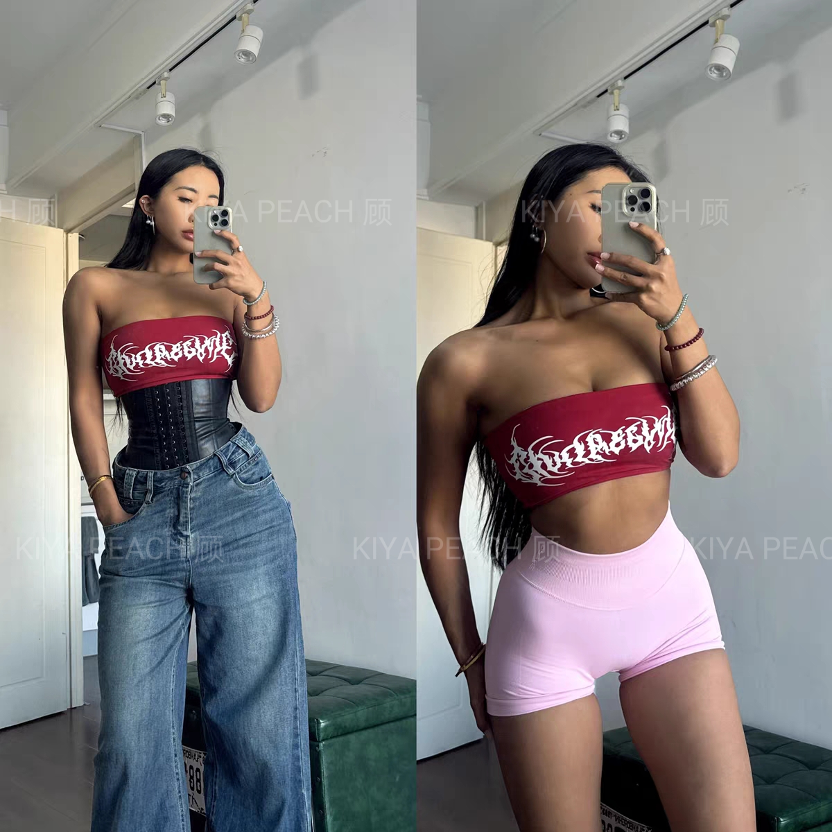 KIYAPEACH顾 【原创】狼头抹胸酒红色防滑条辣妹抹胸可拆卸胸垫