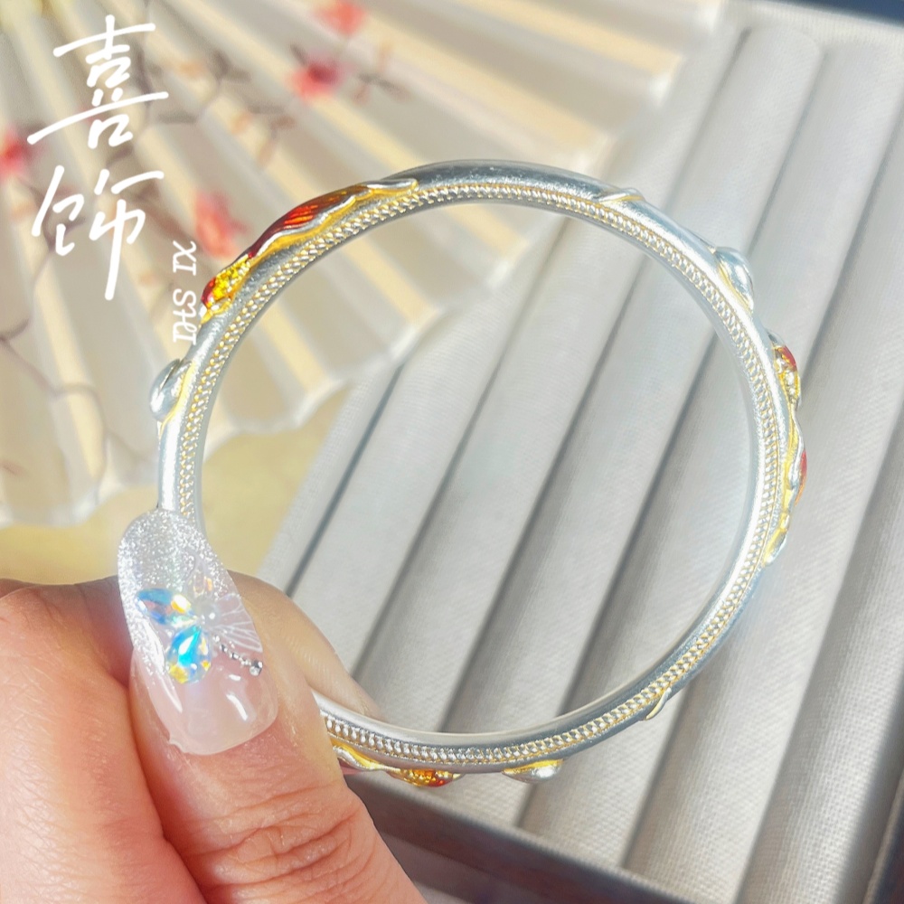 珐琅描金锦鲤莲花足银9999手镯新中式国风招财纯银镯子蛇年礼物女