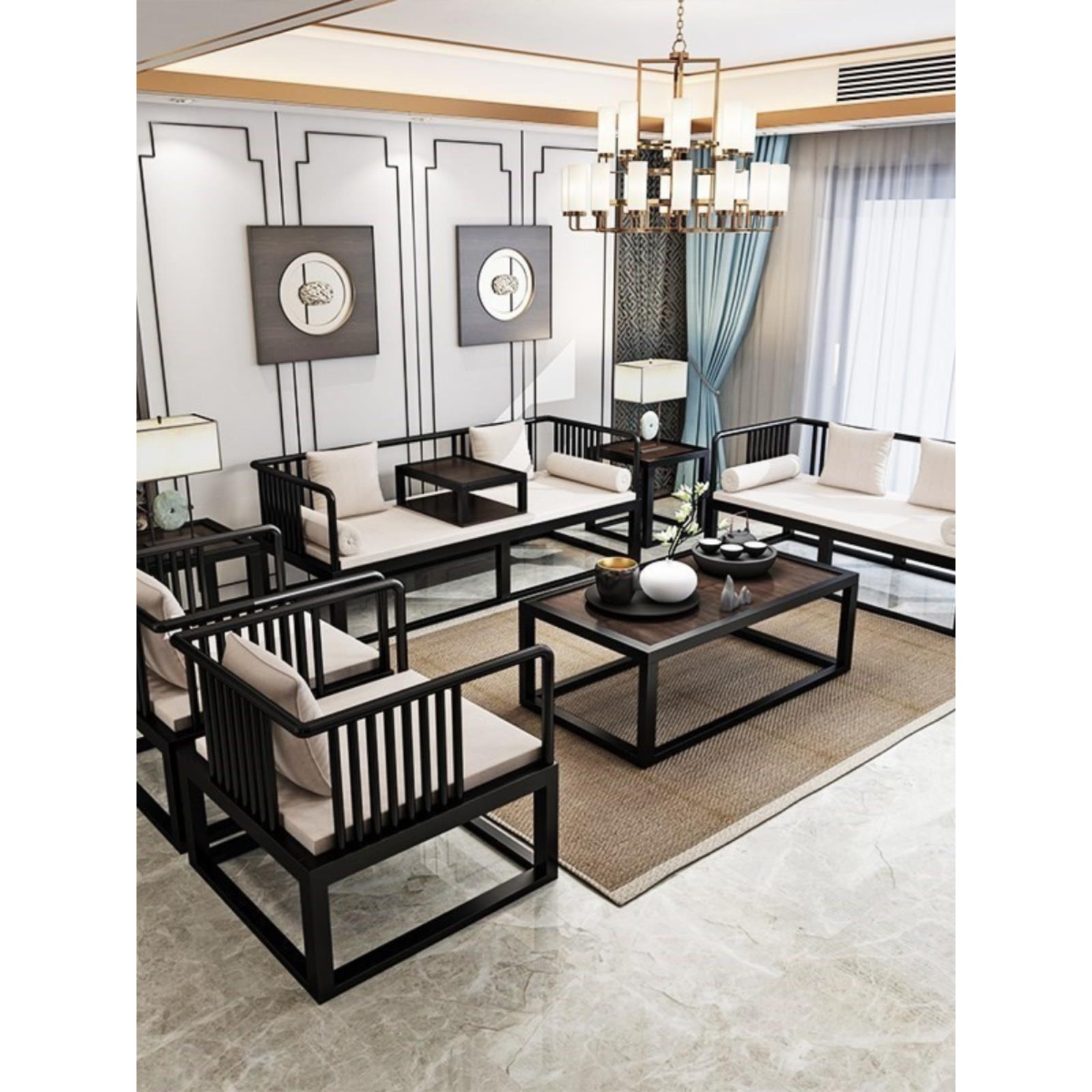 新中式铁艺沙发茶几组合现代简约仿实木禅意办公室套装会客接待室