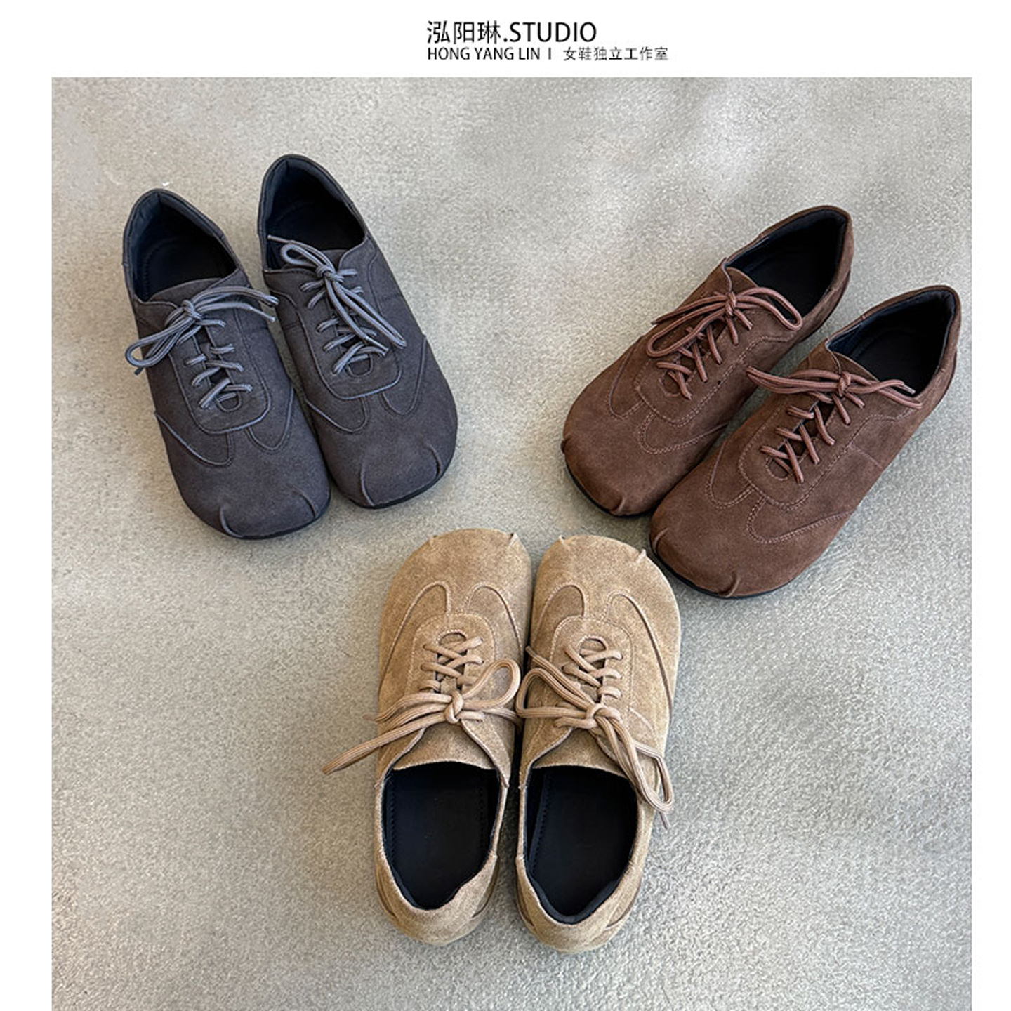 泓阳琳~真皮反绒平底单鞋女2026春季新款德训鞋复古舒适百搭女鞋